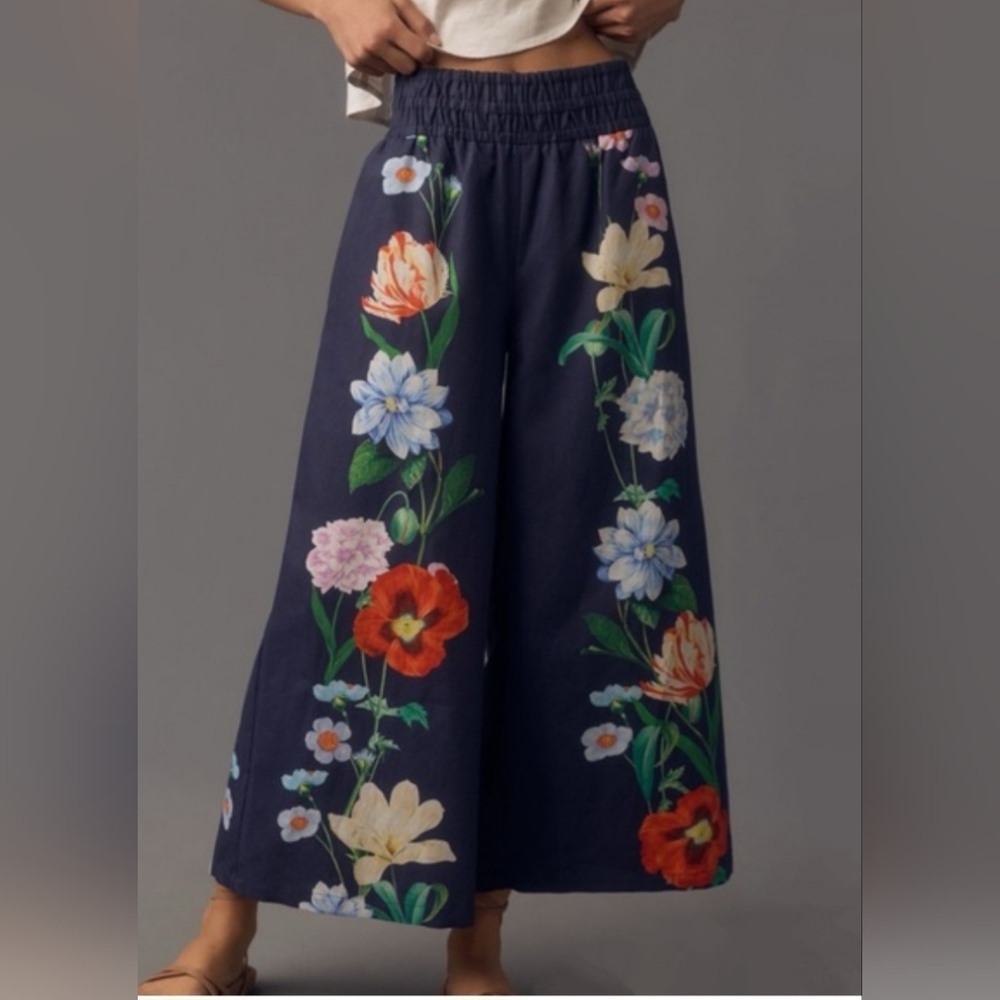 Anthropologie Navy Wide-Leg Floral Pants